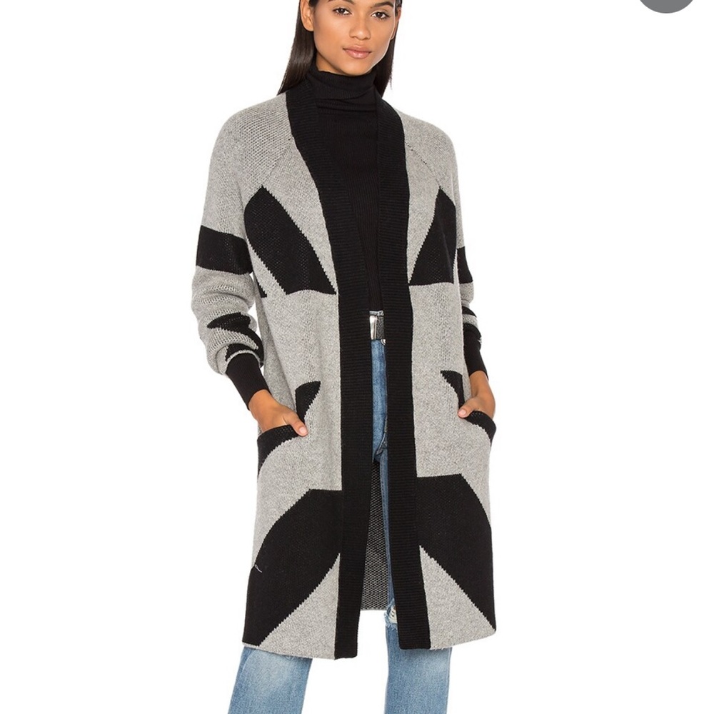 White + Warren Flannel Black Jacquard Coatigan Cardigan Sweater NWT